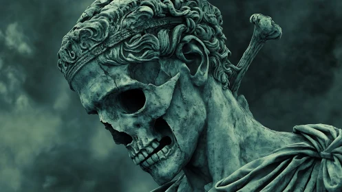 Crumbling skeletal statue king gazes into a stormy void