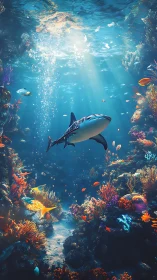 Sunlit reef kingdom with a cruising shark at coral crossroads.