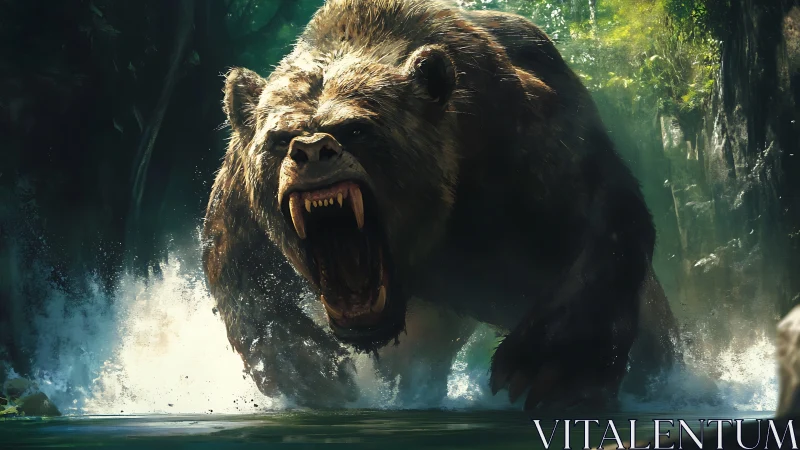 Giant prehistoric bear lunges roaring through jungle river.
