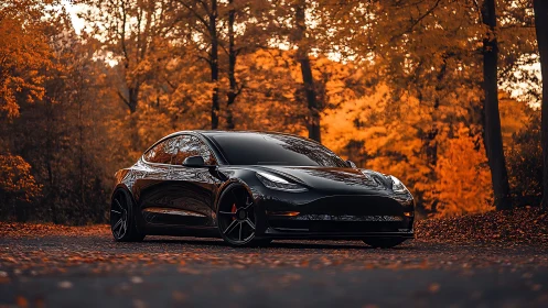 Glossy black electric car glides through fiery autumn forest.