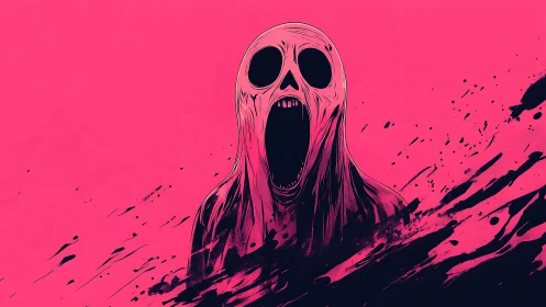 Hooded skull-like figure is centered on flat magenta ground