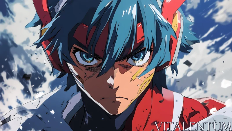 Focused blue haired anime warrior in red armor portrait.