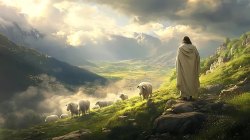 Gentle shepherd watching sheep over a sunlit valley path.
