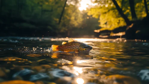 Golden river trout gliding through gentle sunset waters.