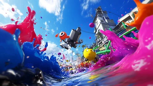 Vibrant paint creatures erupt in a kinetic urban splashscape