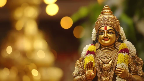 Golden deity smiles softly while garlands bloom in light