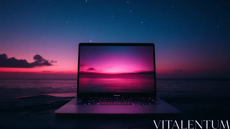 Laptop on shoreline with neon seascape display at twilight.