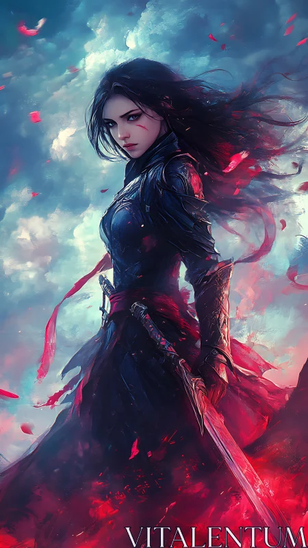 Dark-haired warrior stands with sword amid red and blue haze