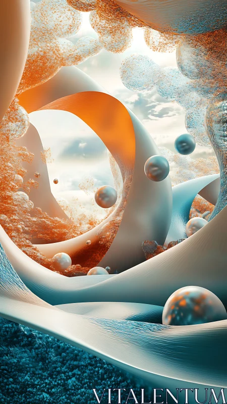 3D abstract landscape with flowing ribbons and spheres.