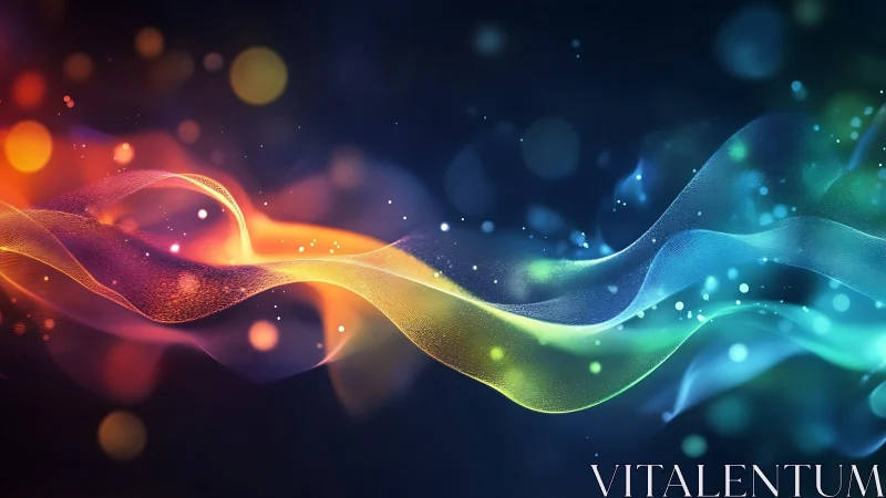 Vibrant luminous ribbons over dark abstract bokeh field.