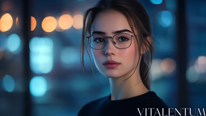 Low-light portrait with bokeh-isolated subject in blue ambience.