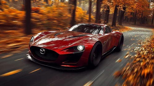 Crimson sports car gliding through a golden autumn forest road.