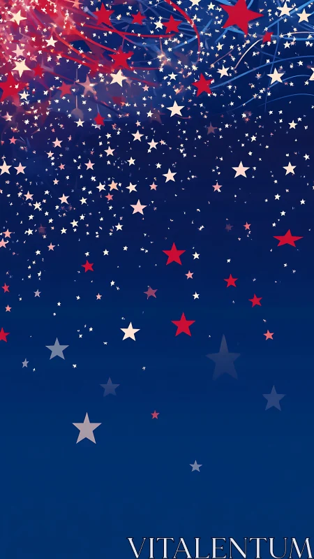 Red and white star confetti cascades across deep blue sky