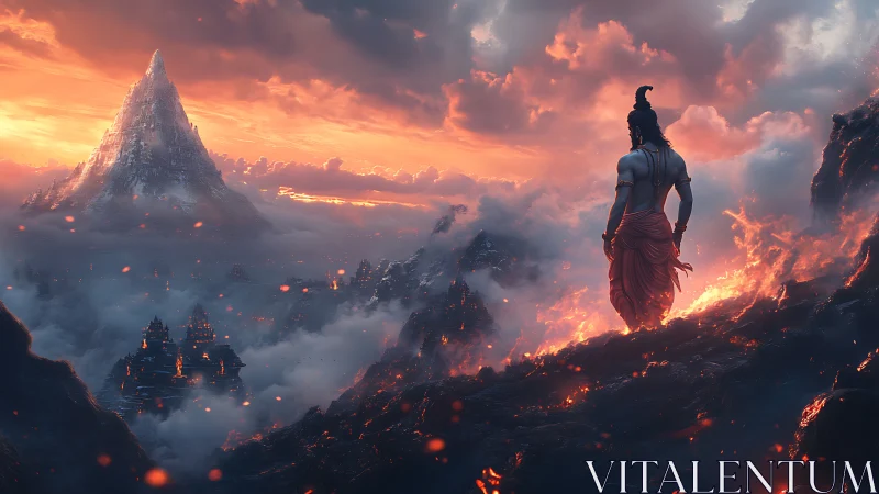 Mythic wanderer surveys ember cities beneath a stormed peak