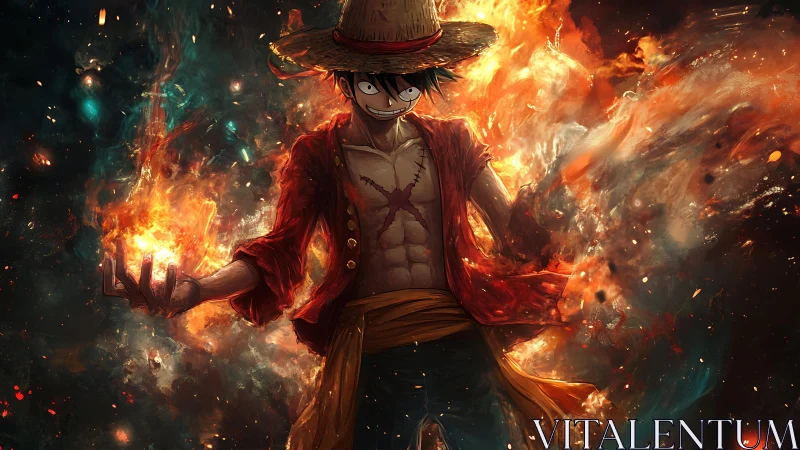 Straw-hatted fire wielder grinning through swirling chaos.