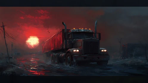 Apocalyptic semi truck crossing flooded road at red sunset.