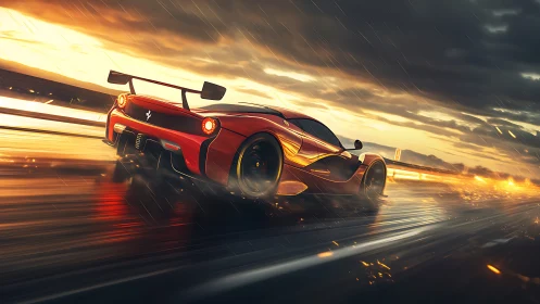 Crimson hypercar slashes through a rain-lit molten highway.