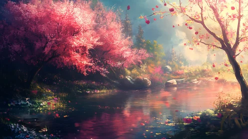 Blossom river whispers in clouds of light and painted petals