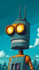 Tall retro robot with oversized glowing optics surveys skyline