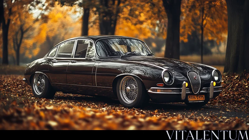 Classic black sedan parked in autumn forest landscape