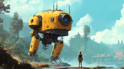 Yellow river mech greeting a lone wanderer at dawn.