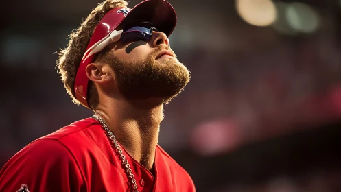 Baseball outfielder studies sky under warm stadium light.