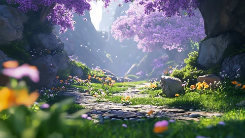 Sunlit cobblestone path winds through lush cherry blossom gorge