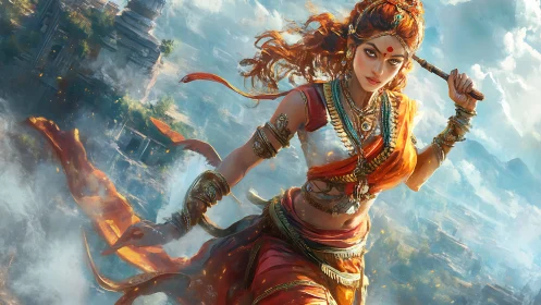 Mythic warrior goddess in kinetic aerial battle composition.