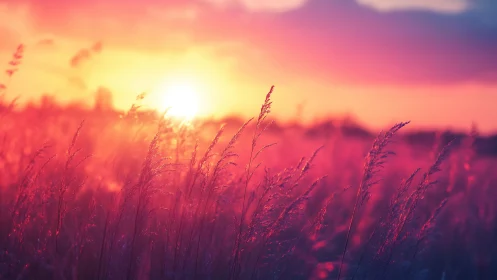 Sunset backlights tall grasses in shallow-focus landscape field