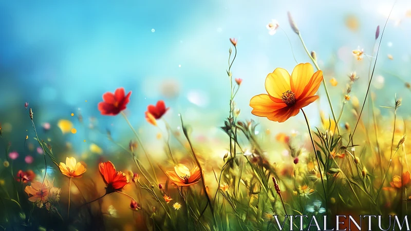 Shallow depth of field rendering of wildflower meadow with chromatic bokeh