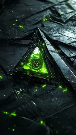 Neon emerald triangular core within fractured black panels