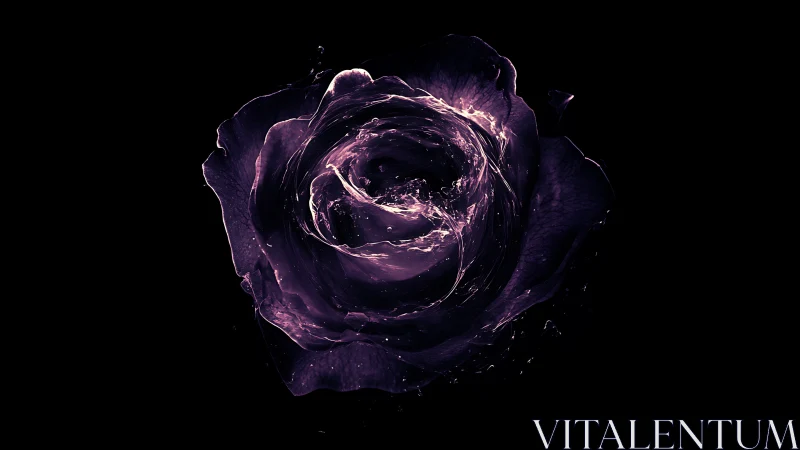 Luminescent violet rose rendered as liquid-splash petals in void