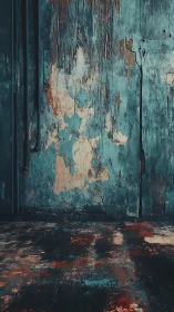Weathered teal wall and floor with distressed peeling paint.