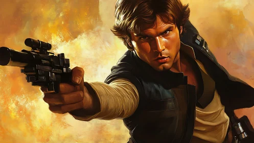 Dynamic sci fi gunslinger portrait with blaster pistol raised