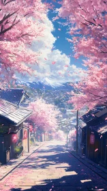 Cherry-lined street leads toward distant mountain town