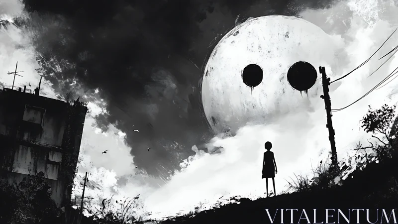 Solitary child under looming double-eyed moon sky.