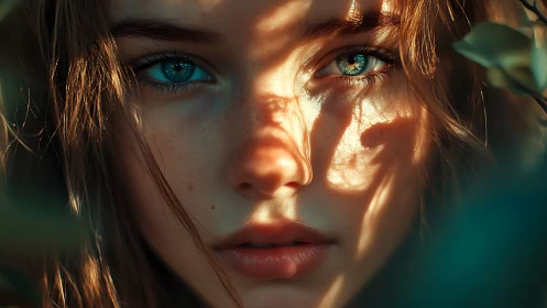 Close-up digital portrait with dappled sunlight and blue eyes.