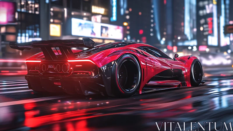 Futuristic red hypercar roars through neon city streets.