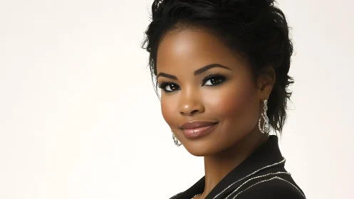 Confident woman in elegant blazer sharing a warm smile.