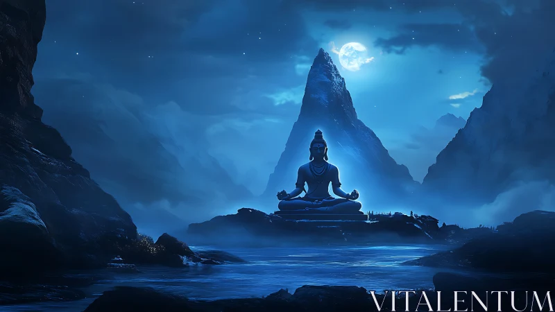 Serene meditating figure overlooks moonlit alpine lake