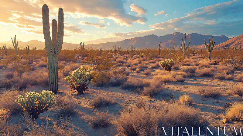 Cactus filled desert plain with distant mountain range at dusk.