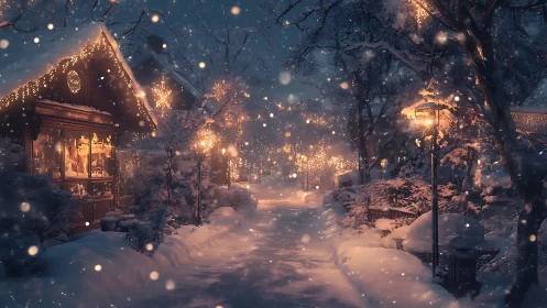 Snowlit cottage lane humming under golden winter hush.