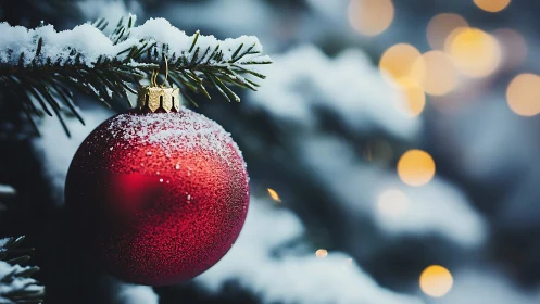 Red Christmas bauble hanging on snowy evergreen branch.