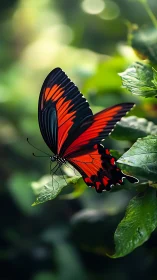 Gentle red butterfly pauses on lush green garden leaves