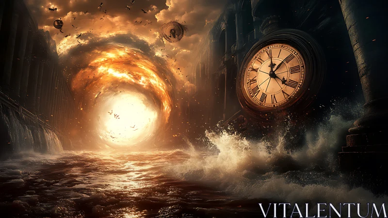 Time vortex engulfs storm-torn sea beside crumbling clock