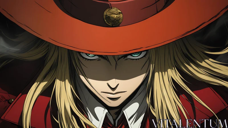 Intense anime gunslinger portrait under wide crimson hat