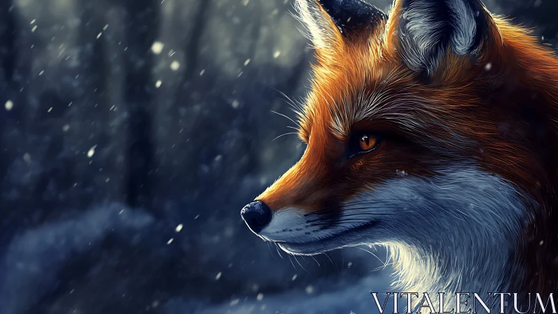 Winter sentinel fox gazes through swirling sapphire snow.