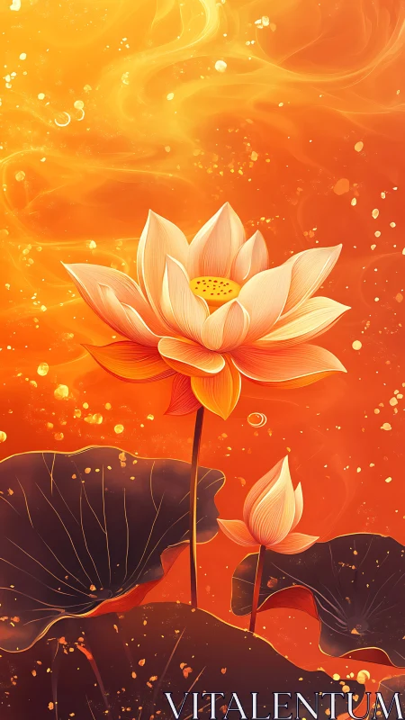 Digital lotus flowers stand against a luminous orange field