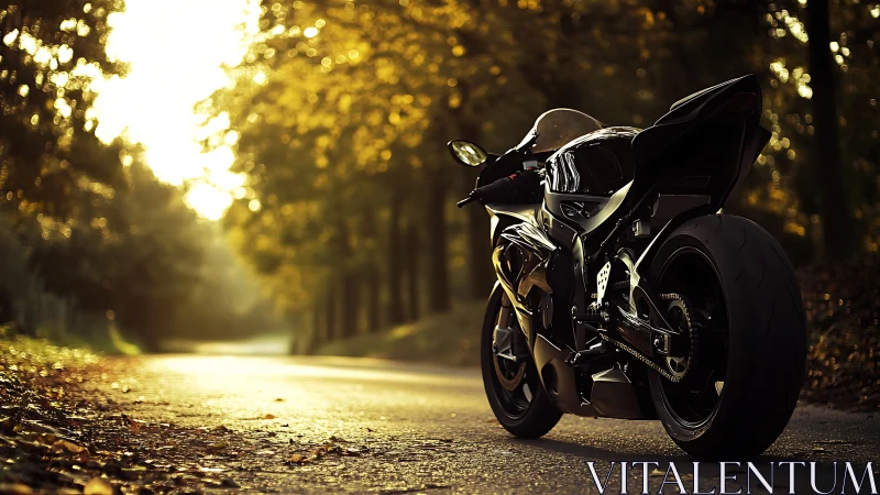 Midnight sportbike waits where autumn sunlight spills forward