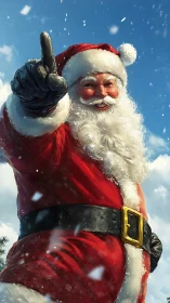 Joyful Santa points playfully toward a winter sky of wonder